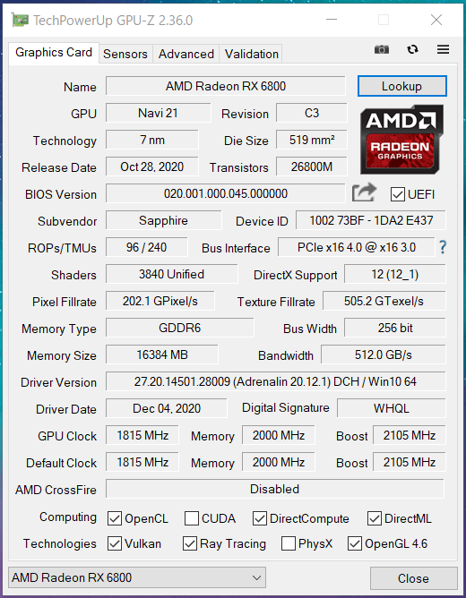SAPPHIRE PULSE Radeon RX 6800 OC 16G GDDR6_Silent_GPU-Z (1)