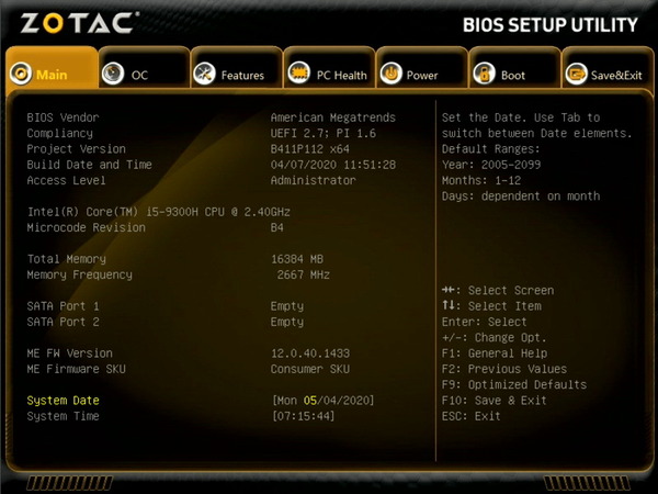 ZOTAC ZBOX Eシリーズ EN52060V BIOS_menu (1)