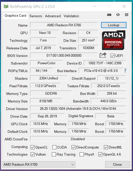 玄人志向 Radeon RX5700 RD-RX5700-E8GB_DF_GPU-Z (1)