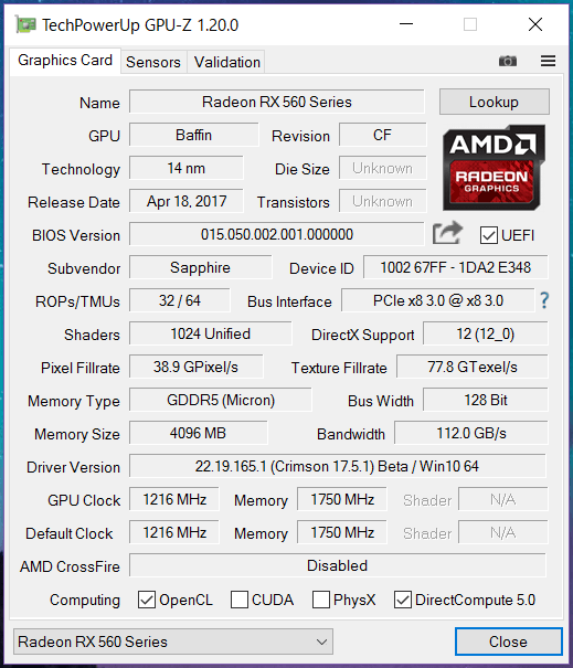 玄人志向 RD-RX560-E4GB_gpuz